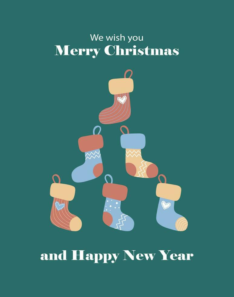 Happy New Year greetings on a green background with colored Santa's socks hanging. We wish you Merry Christmas and Happy New Year. vector