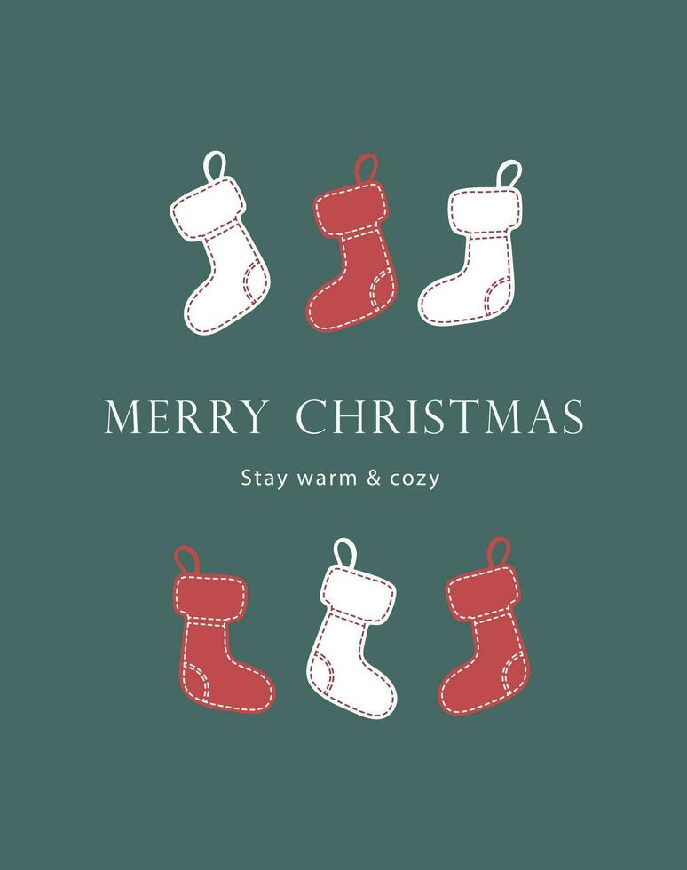 Happy New Year greetings on a green background with Santa's socks hanging. Merry Christmas. Stay warm and cozy. vector