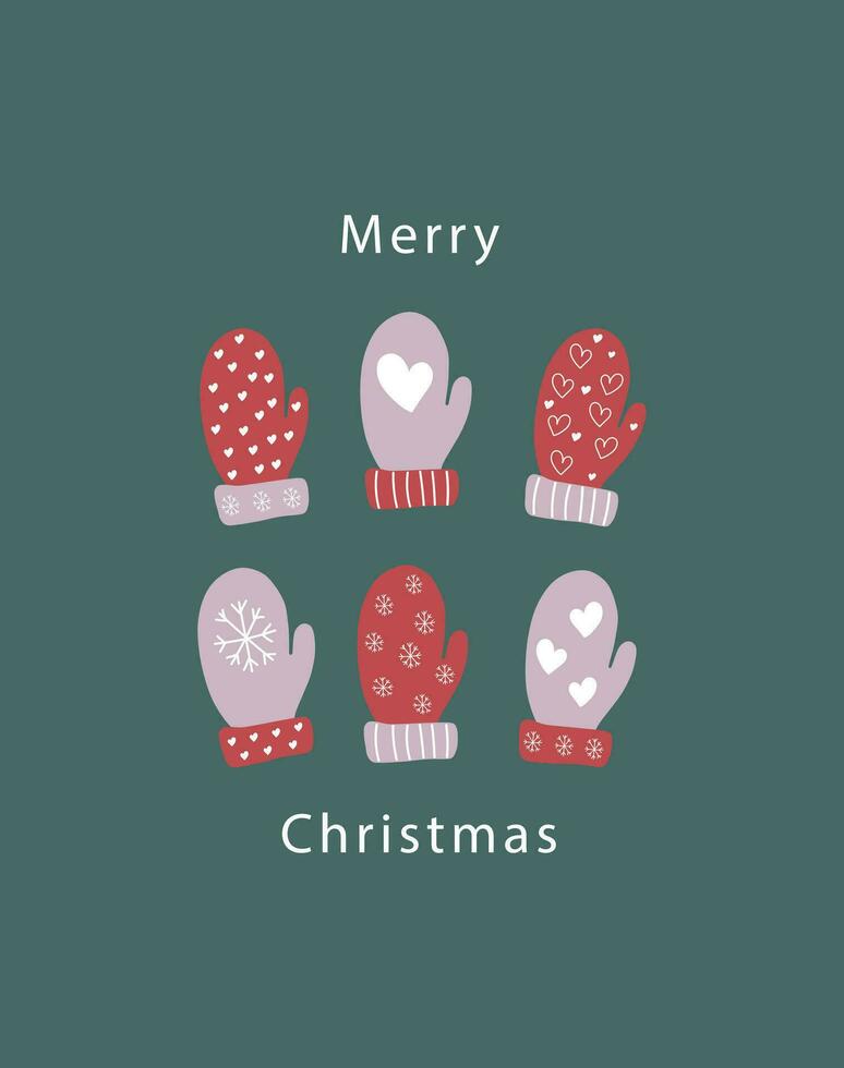 Merry Christmas. Greeting card on a New Year's theme. Mittens with vintage winter ornament. Green background and colorful mittens vector