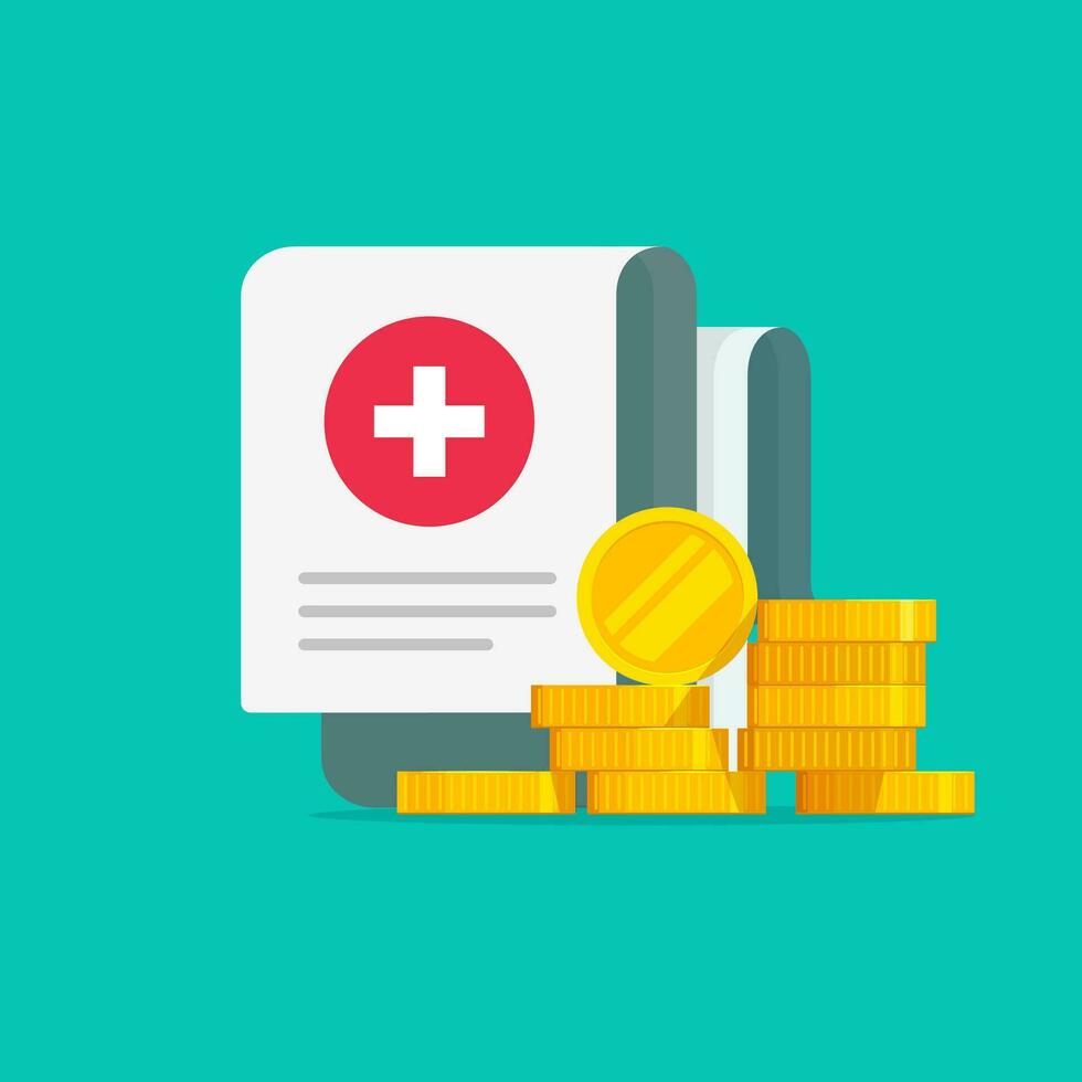 Medical expensive healthcare document with money vector illustration flat cartoon or health insurance cost form with cash as idea of expensive medicine, medicare spendings or expenses calculation