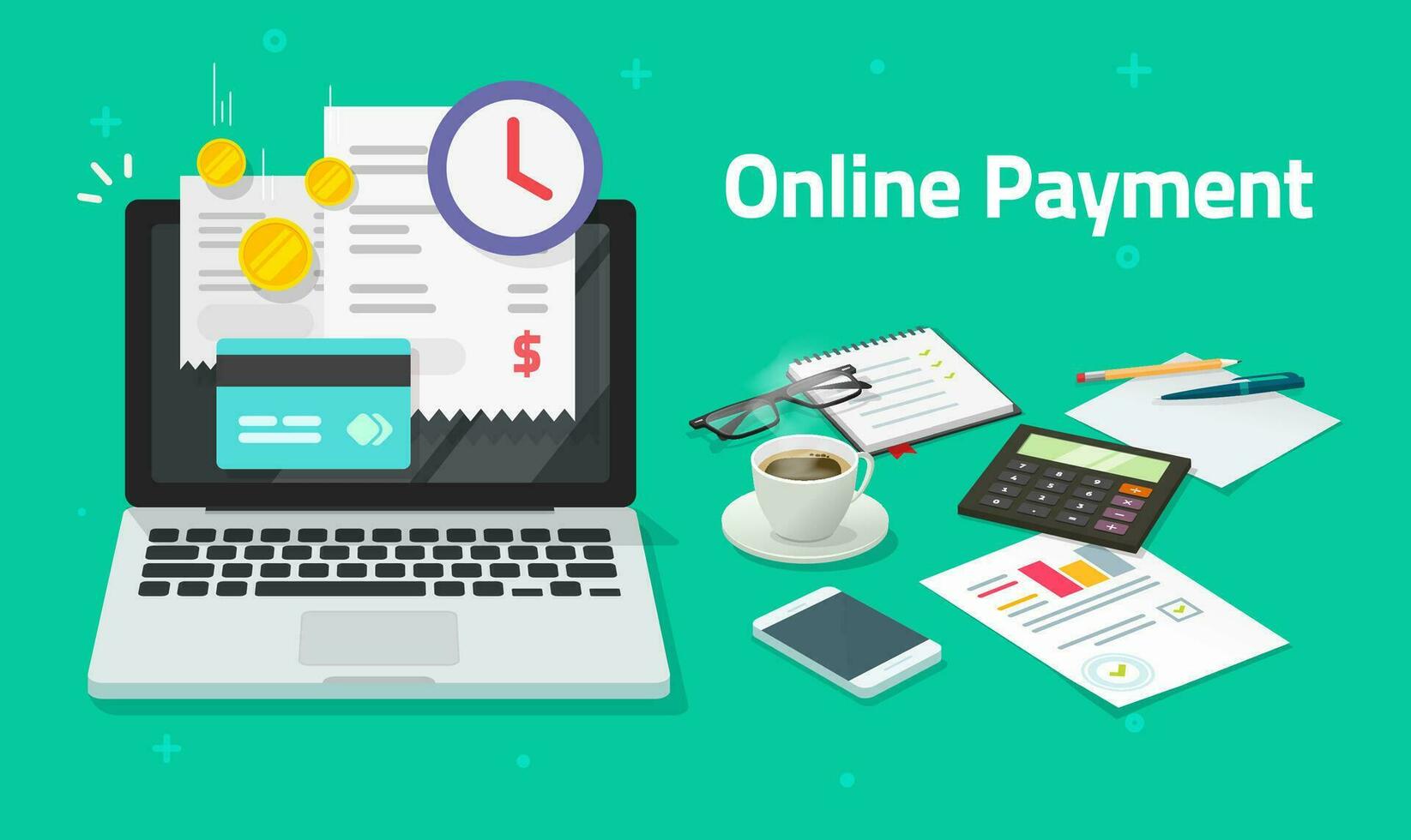 Paying bills online via credit card on laptop computer or electronic shopping concept on pc with digital internet payment invoice on pc notebook vector flat cartoon transaction with financial receipt