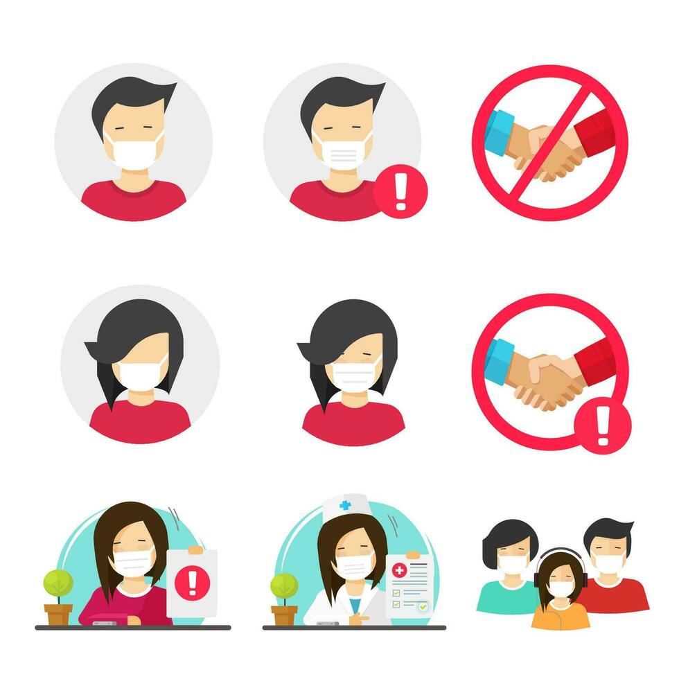 People in medical face surgery mask icons set or person characters in medicine respirators signs to protect from flu infection virus disease vector icon flat cartoon illustration image