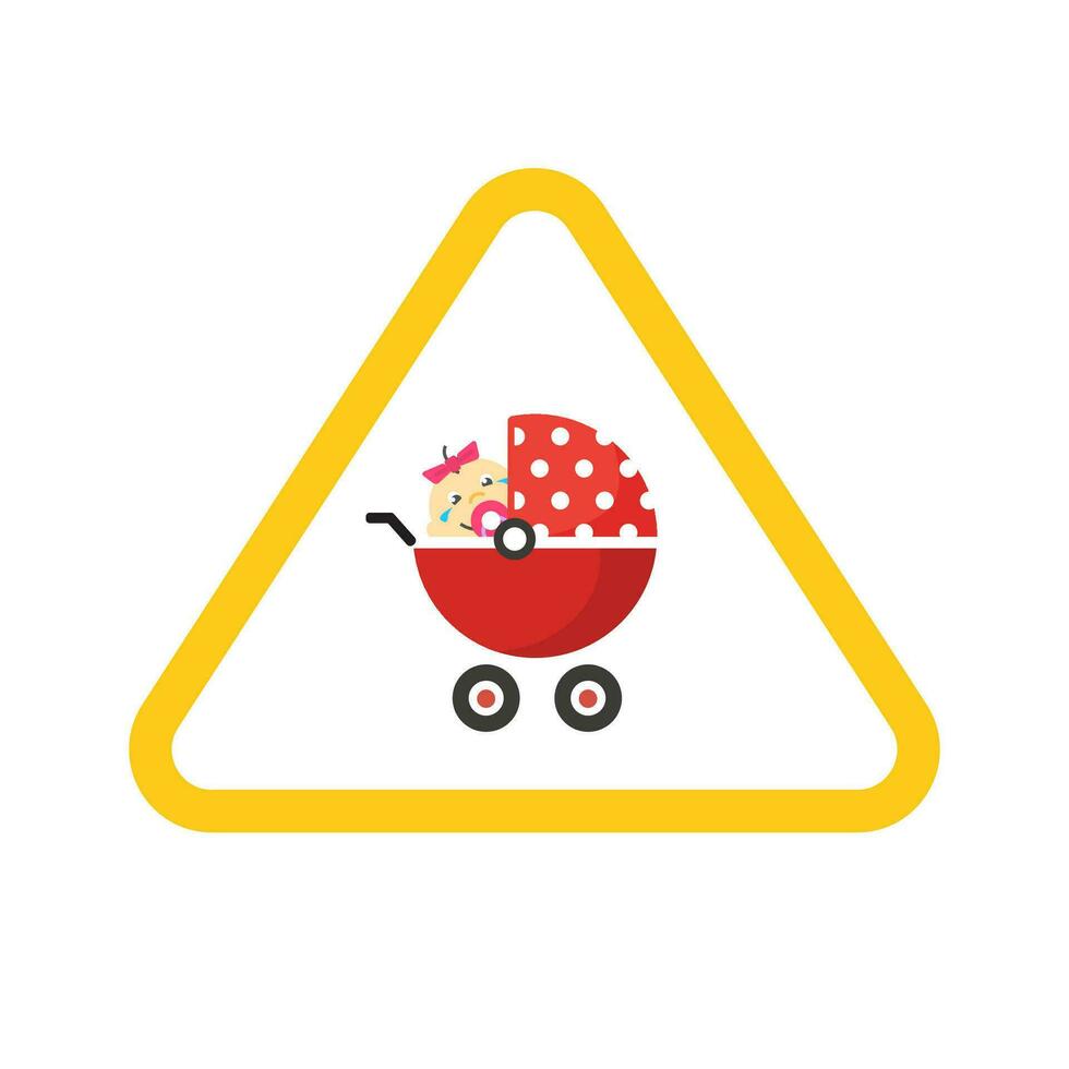 Baby on board caution car road sign sticker or child in buggy pram vehicle safety caution text vector flat cartoon illustration, yellow color triangle label modern design icon isolated image