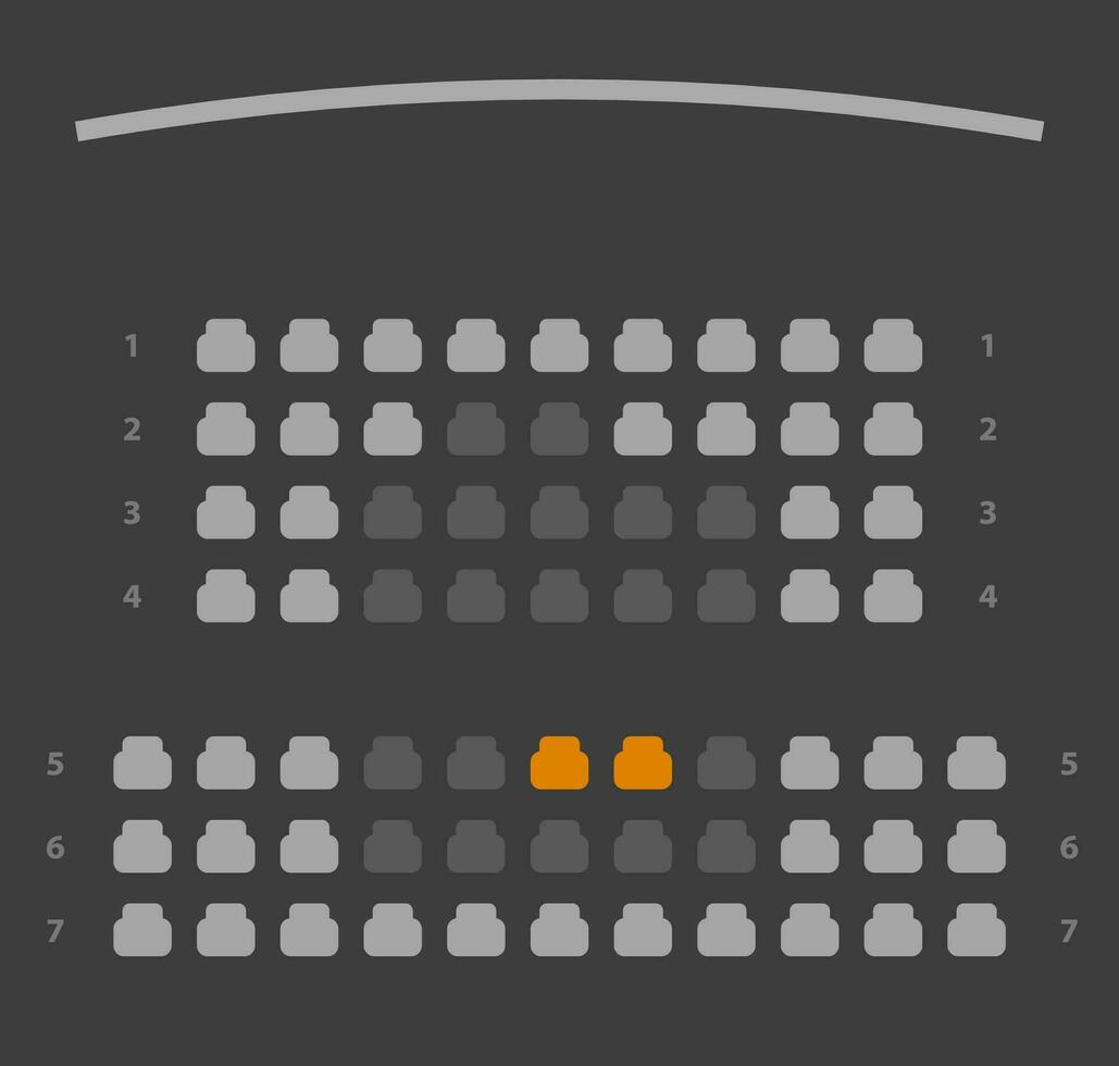 Cinema seats booking online ui dark gray color design scheme or film theatre vip places reservation template layout vector flat cartoon illustration image