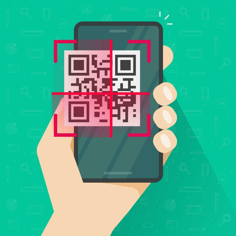 qr código exploración en móvil teléfono o teléfono inteligente pantalla en persona mano vector plano dibujos animados ilustración, Teléfono móvil con bar código escanear símbolo moderno diseño imagen