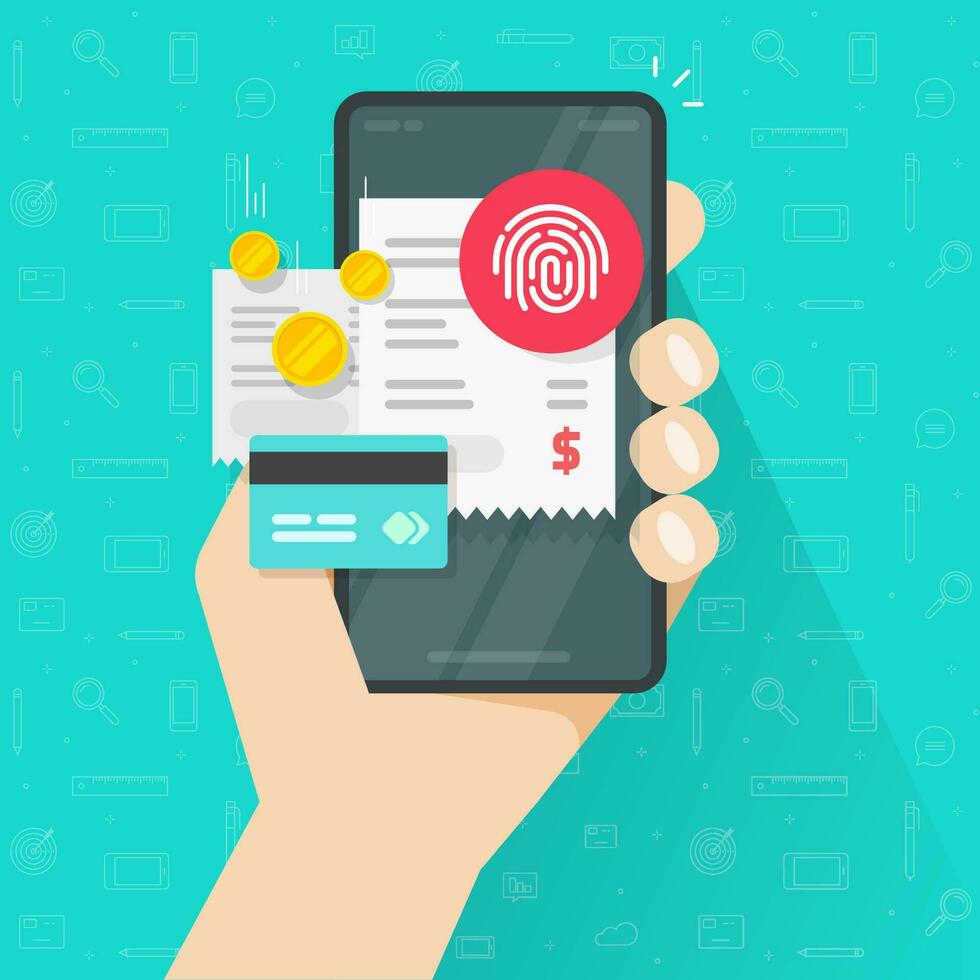 Payment online bills via credit card and touch fingerprint id on mobile phone or electronic digital paying concept on smartphone via thumbprint vector flat, cellphone transaction invoice receipt