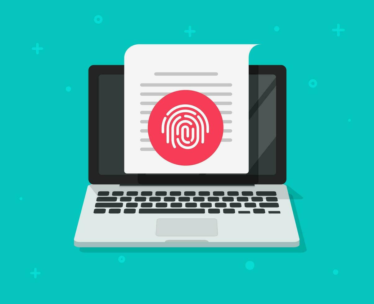 Security protection via touch fingerprint or thumbprint on computer laptop document vector, flat pc privacy id identify thumb finger print access icon, confidential file secure data or private vector