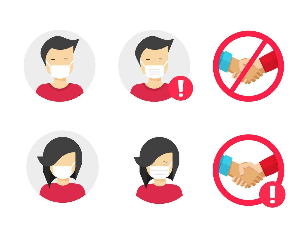 People with face mask medical vector icon or man and woman wear protective facial medical mask signs flat cartoon isolated on white background, not handshake or stop shaking hands clipart