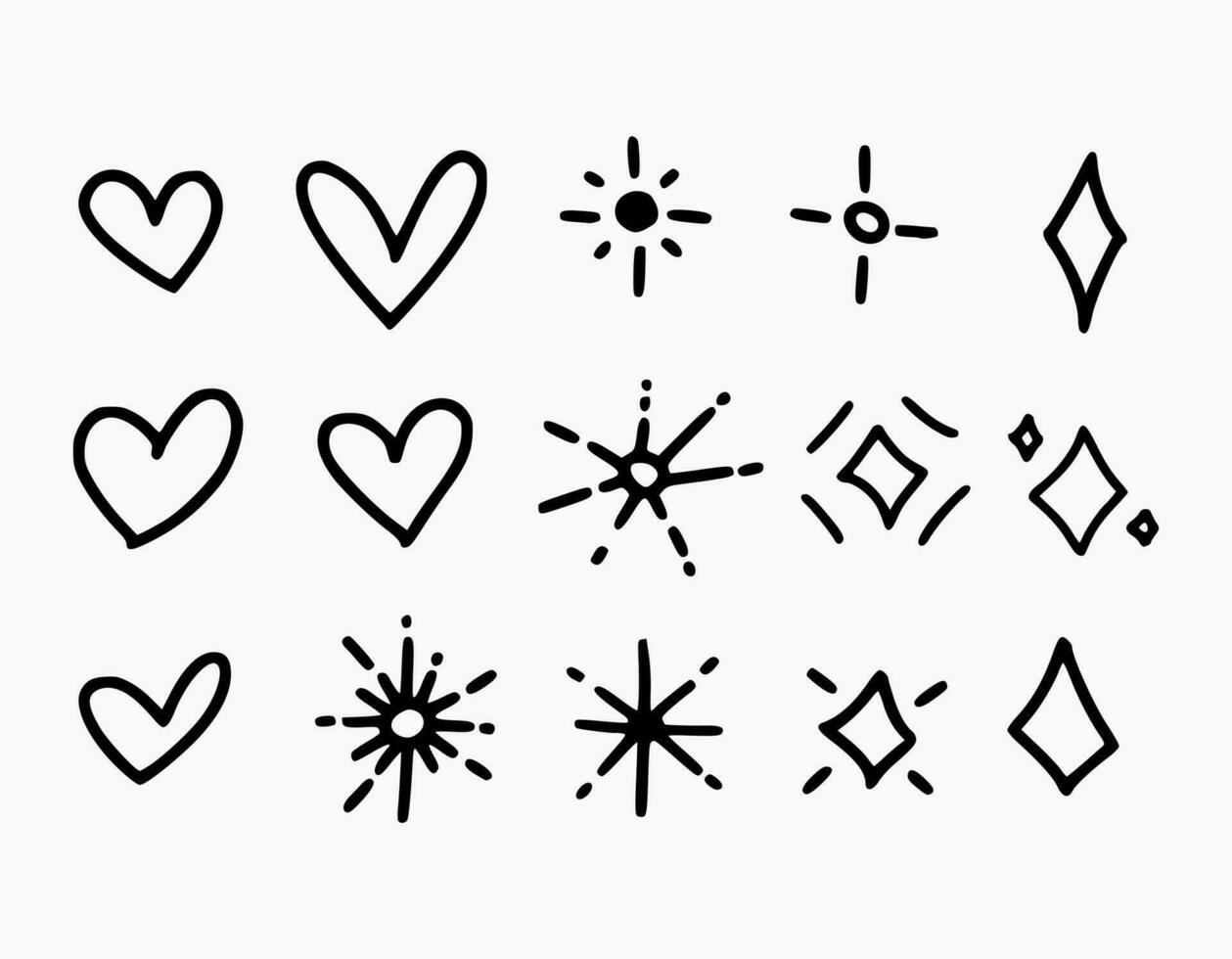 Set of hand drawn hearts, diamonds, lights. Simple hand drawn doodle elements isolated on white background. Signs and symbols with scribble style. vector