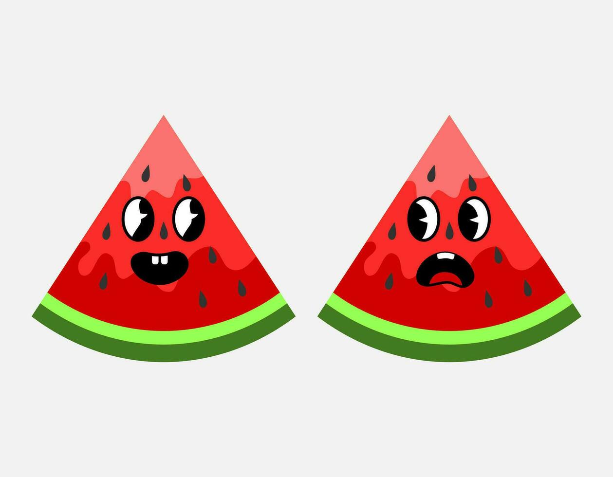 Cute watermelon slices in green, red, pink. Cute fruit character with happy and surprised face. Watermelon couple mascot with emotion. Flat vector illustration.