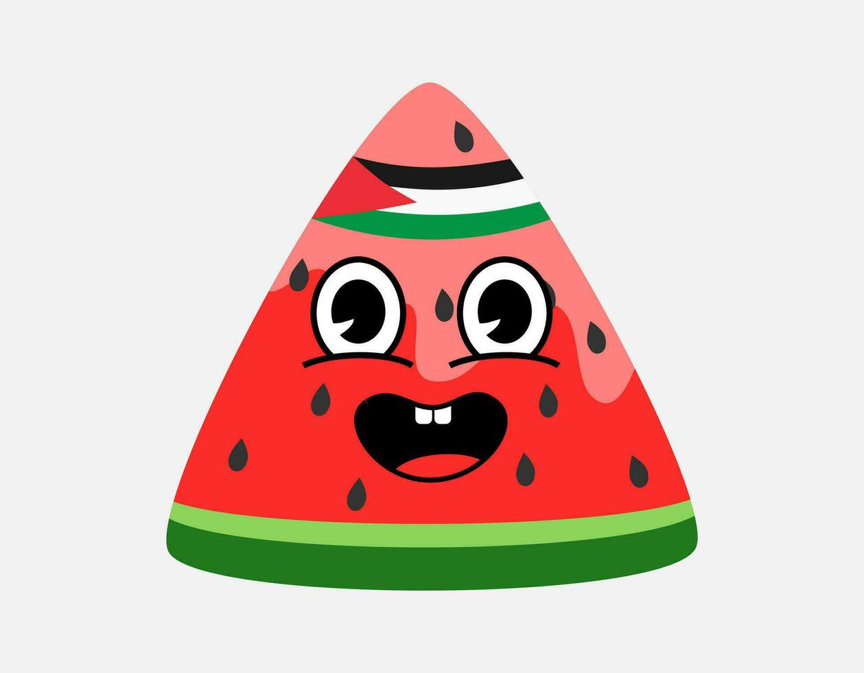 Watermelon sliced with Palestinian flag on head. Illustration of a watermelon with seeds and emoticon. Flat vector with green, red, pink.