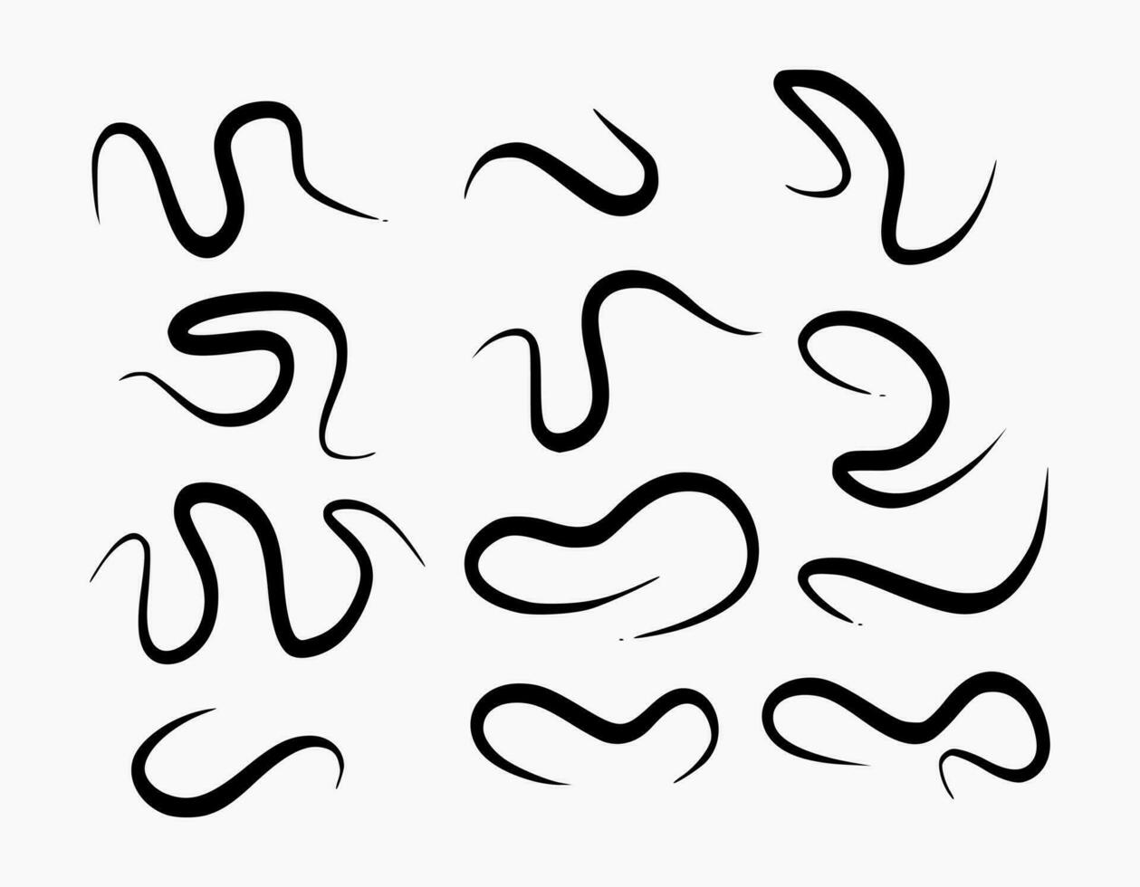 Set of wavy sharp strokes. Thick wavy lines similar to root, snake, or hair. Scribble elements isolated on white background. vector