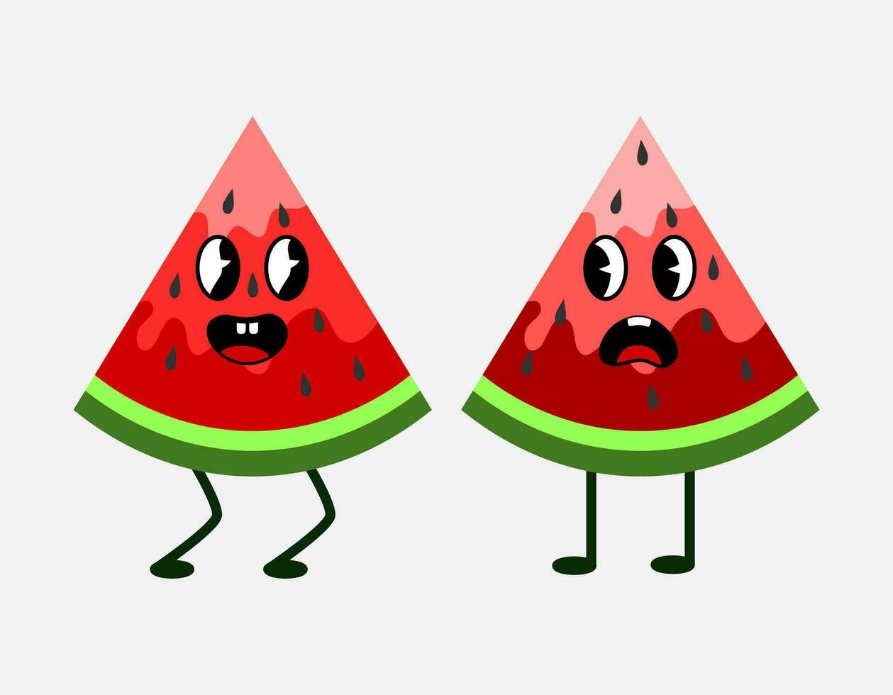 Cute watermelon slices in green, red, pink. Cute fruit character with happy face. Watermelon couple mascot with legs. Flat vector illustration