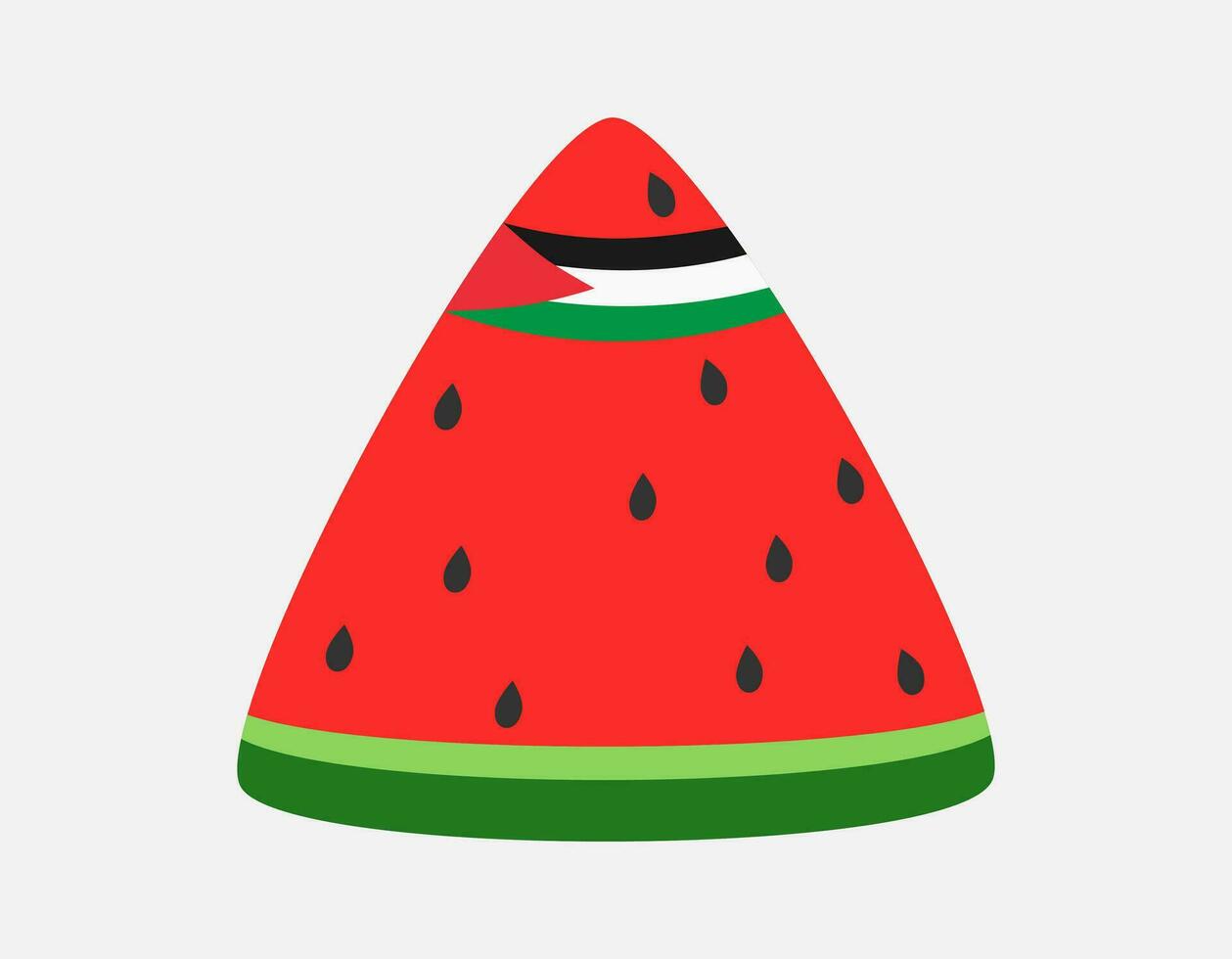 Watermelon sliced with Palestinian flag on head. Illustration of a watermelon with seeds. Flat vector with green, red, pink.