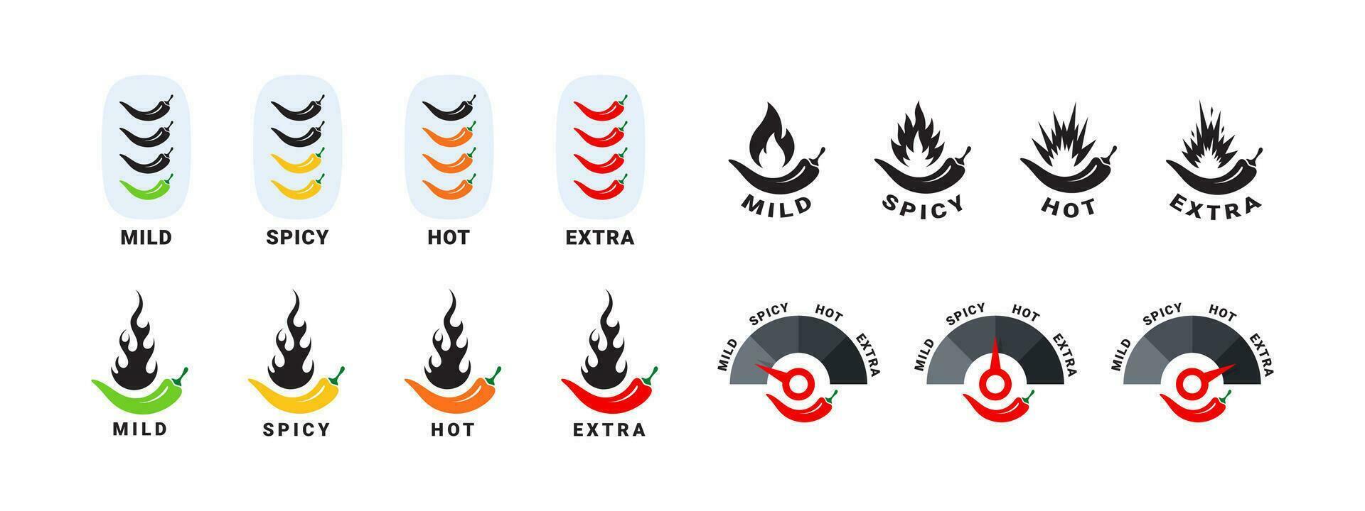 Spicy level icons set. Hot natural chili pepper symbols. Spicy and hot. Vector scalable graphics