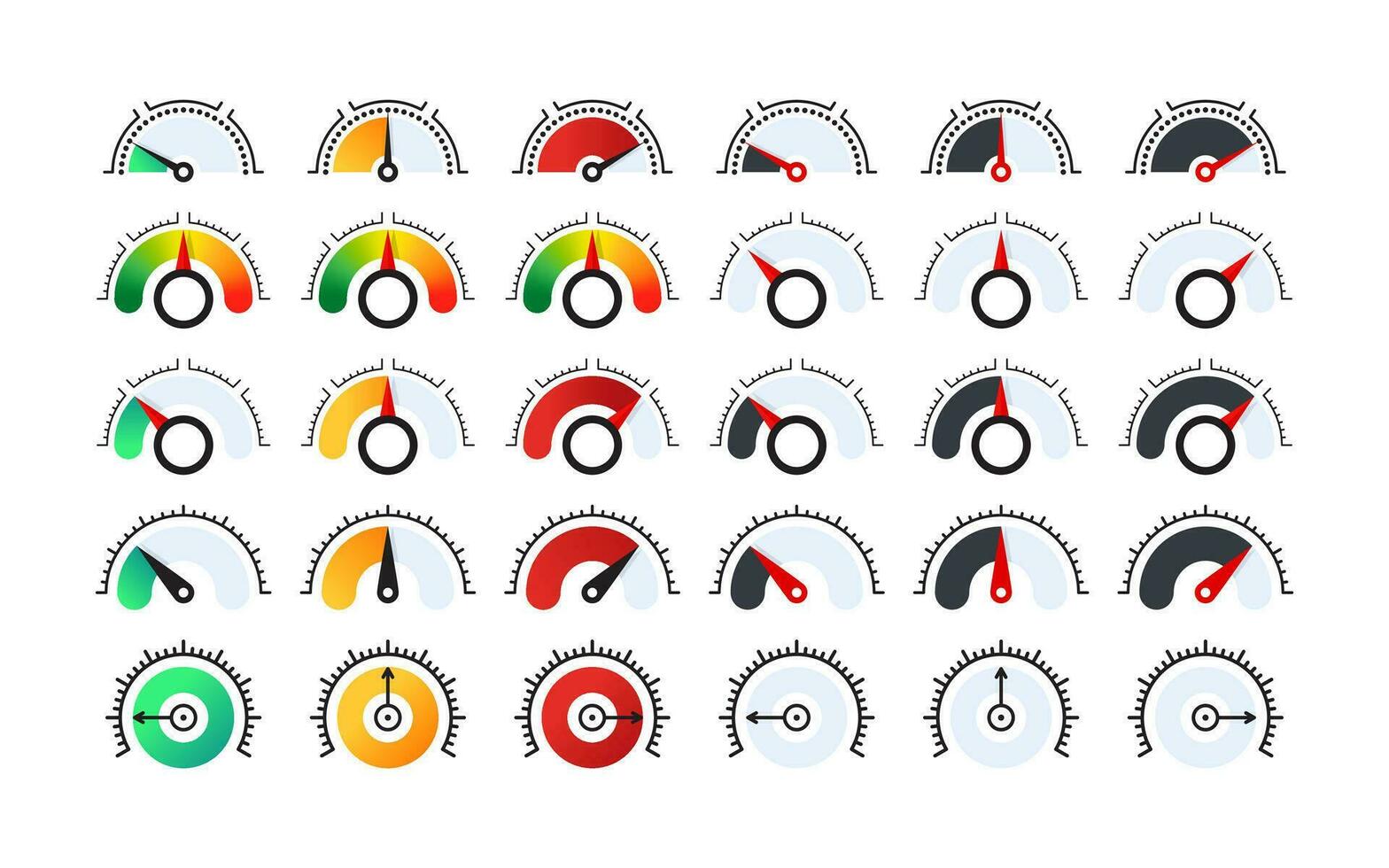 Risk meter icons. Efficiency meter signs. Performance measurement. Customer satisfaction. Vector scalable graphics