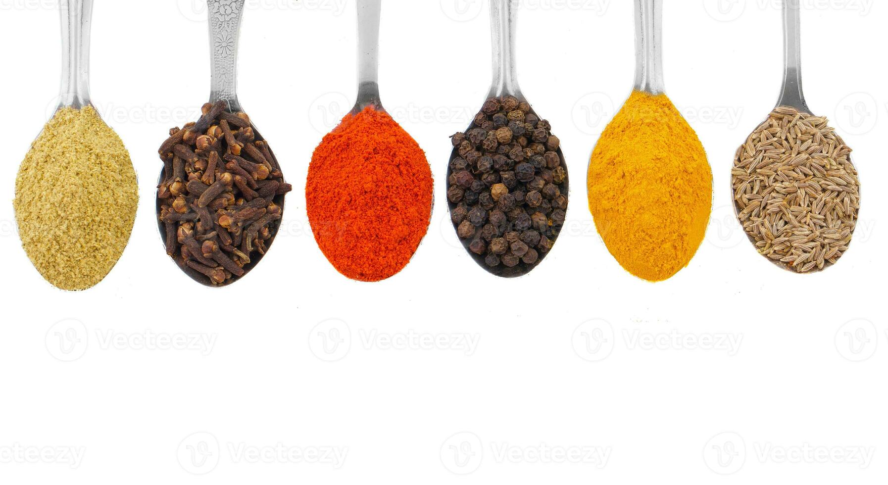 Indian Spices in Spoons on White Background photo