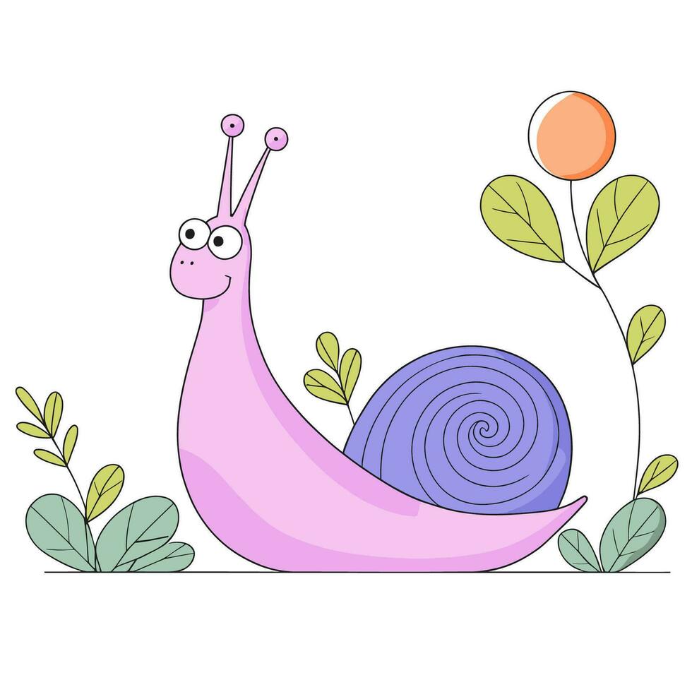 Snail on the lawn, flat vector illustration.