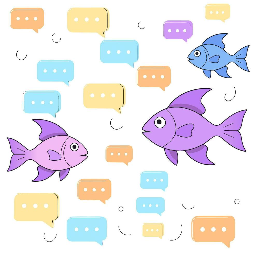 Fish and speech bubbles, flat vector illustration.