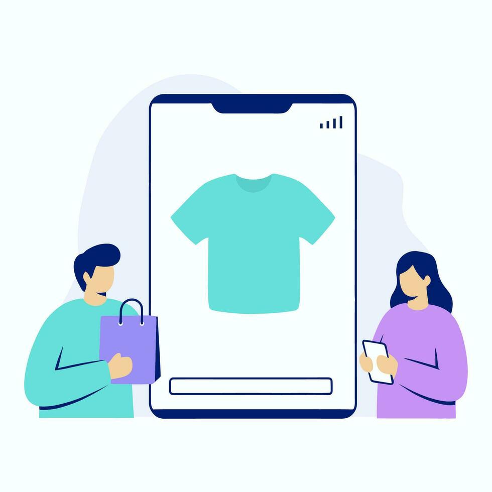 Online shopping for clothes using a smartphone, flat vector illustration.