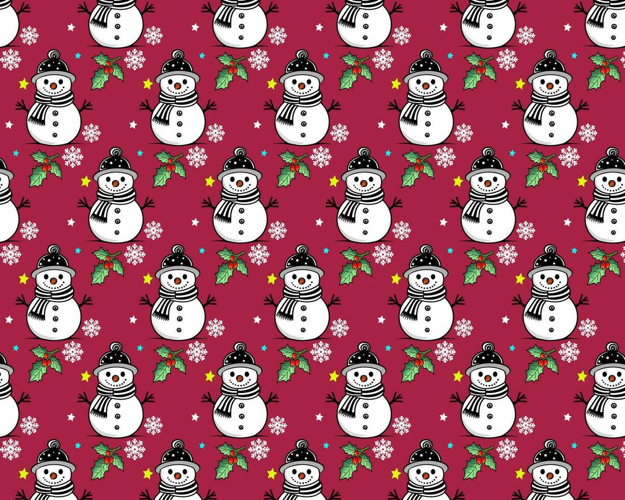 Festive Snowman Pattern with Holly and Stars on a Red Background vector