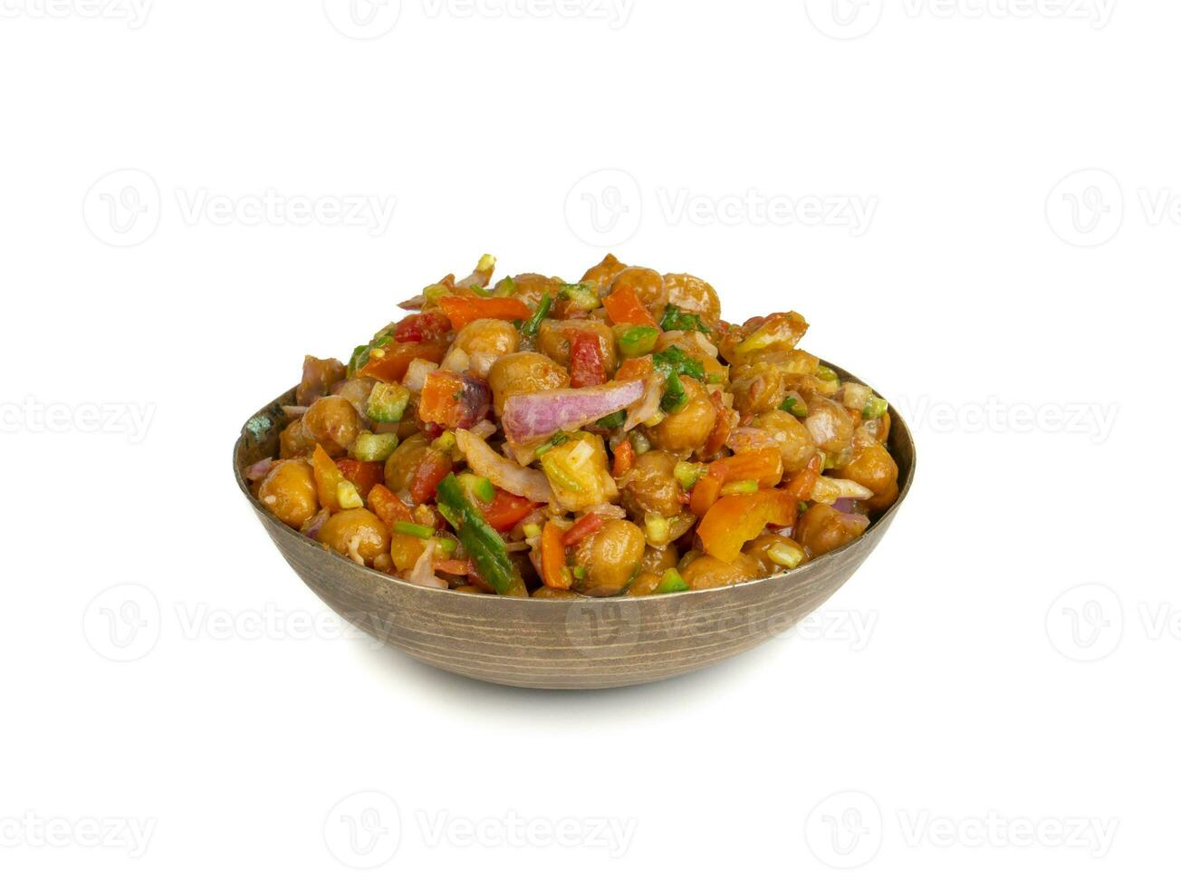 Indian Street Breakfast Chana Chaat Also Know as Chana Masala, Chola Chana Chaat, Chola Masala, Chickpea Masala, Black Chickpea Chaat or Kala Chana Chat on White Background photo