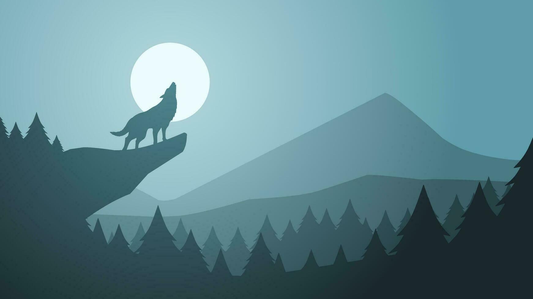 Wildlife wolf landscape vector illustration. Scenery of wolf howling silhouette in the cliff. Wolf wildlife landscape for illustration, background or wallpaper