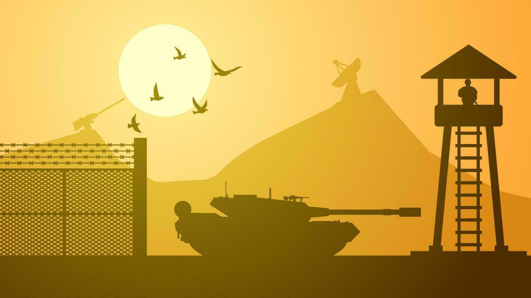 Military base landscape vector illustration. Silhouette of at military base with tank and watchtower. Military landscape for background, wallpaper or illustration