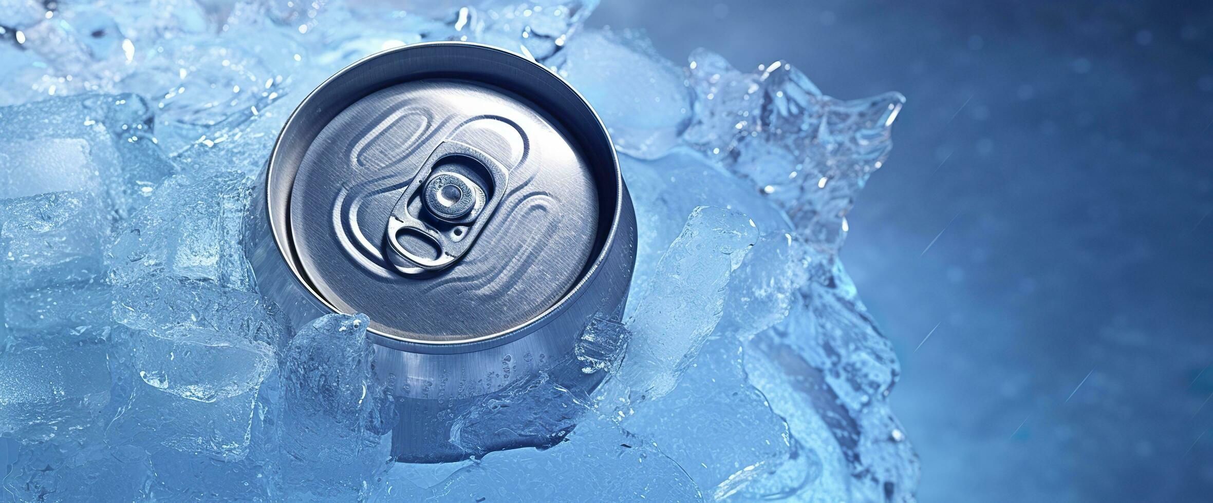 AI generated Top of drink tin can iced submerged in frost ice, metal aluminum beverage. Generative AI photo