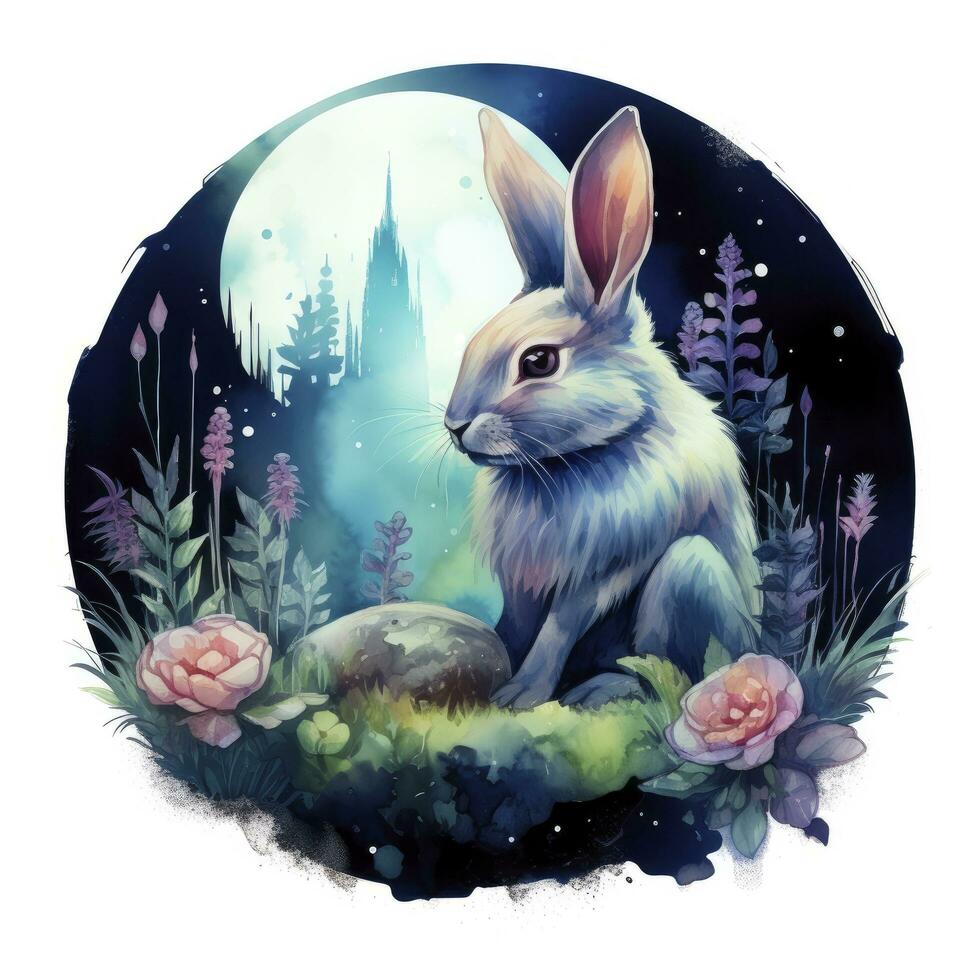 AI generated Watercolor Rabbit and Glowing Moon for T-shirt Design. AI Generated photo