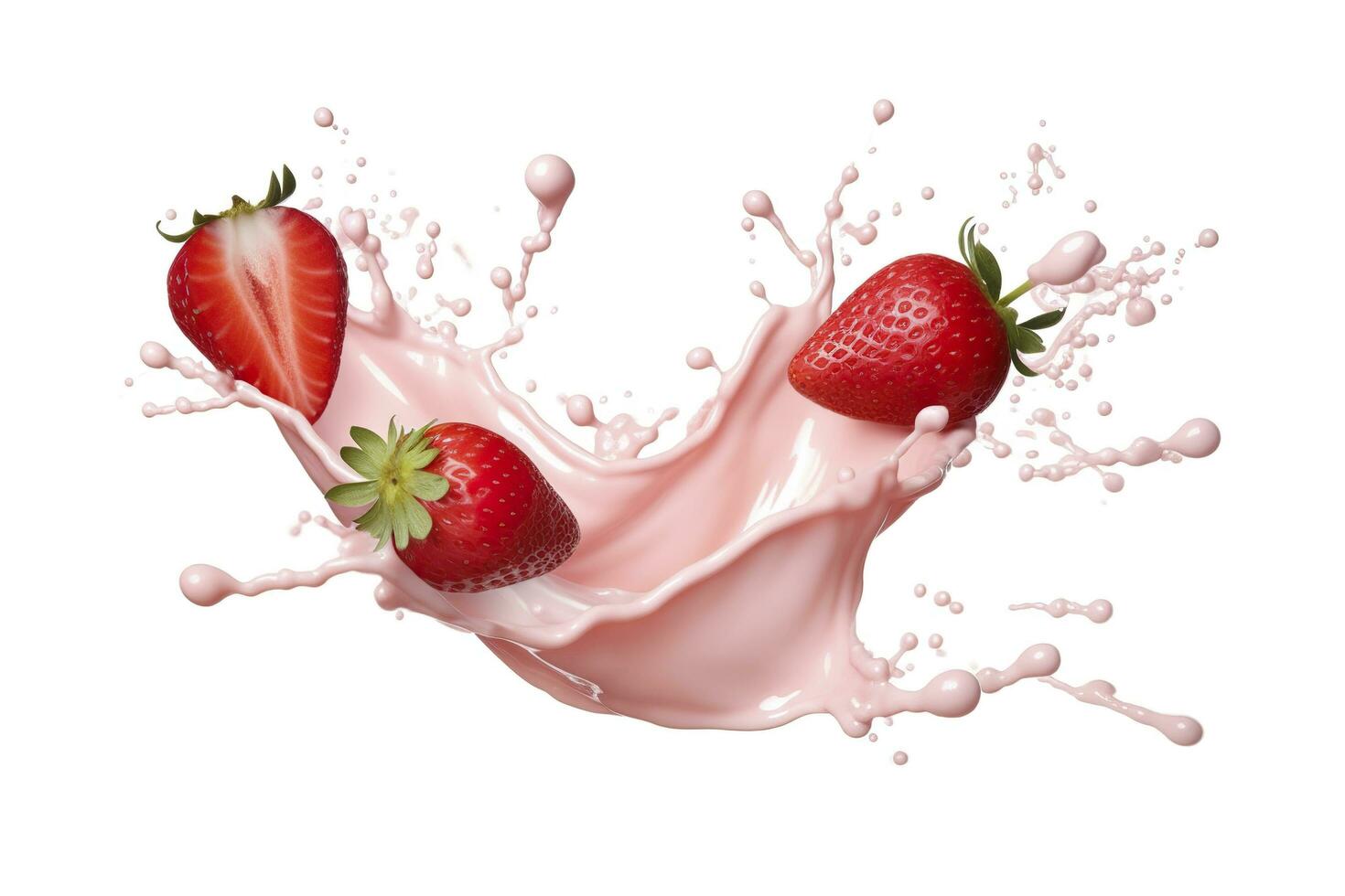AI generated milk or yogurt splash with strawberries isolated on white background, 3d rendering. AI Generated photo