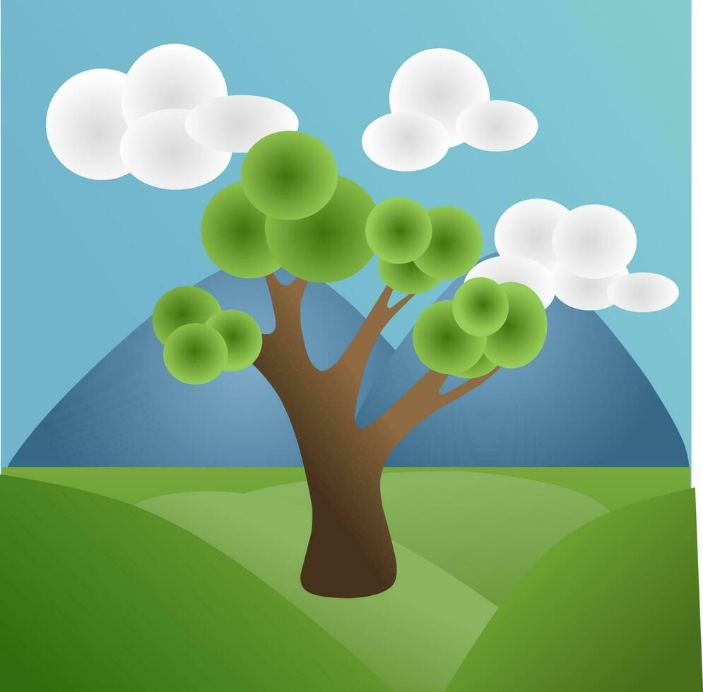 a cartoon tree with clouds and mountains in the background vector