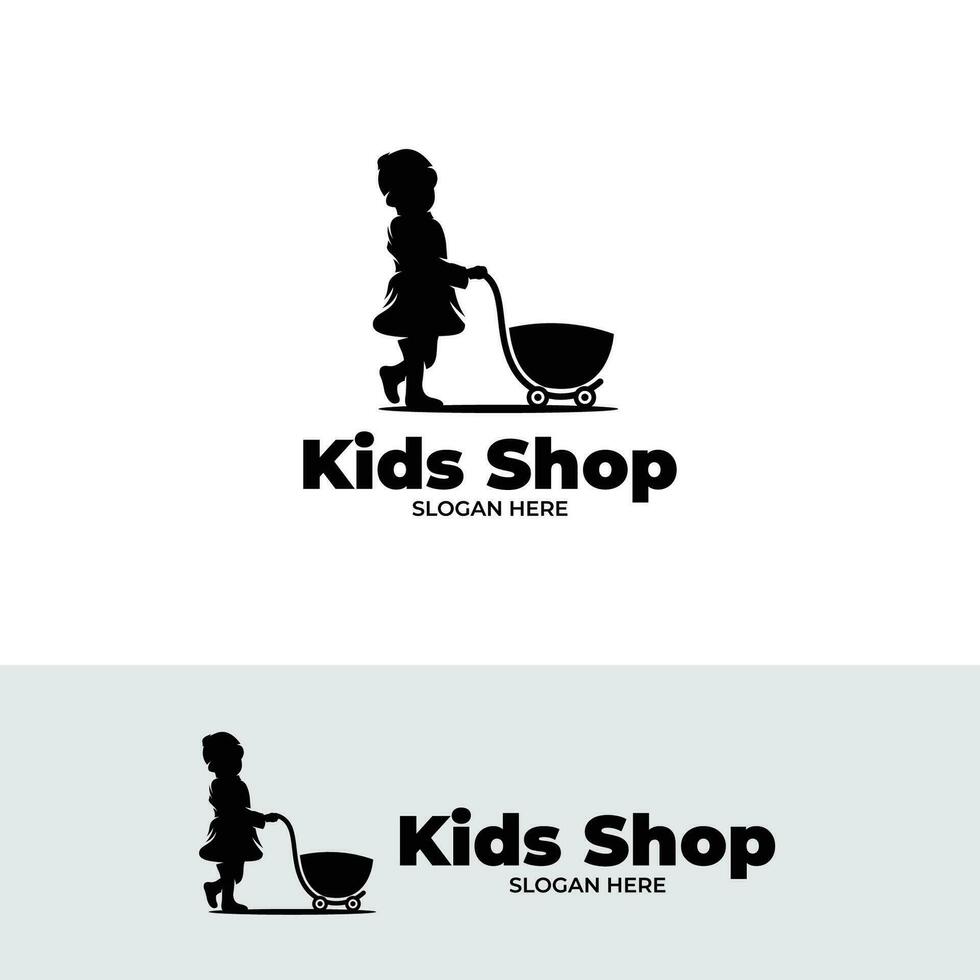 silueta de niños con compras carretilla logo diseño modelo vector