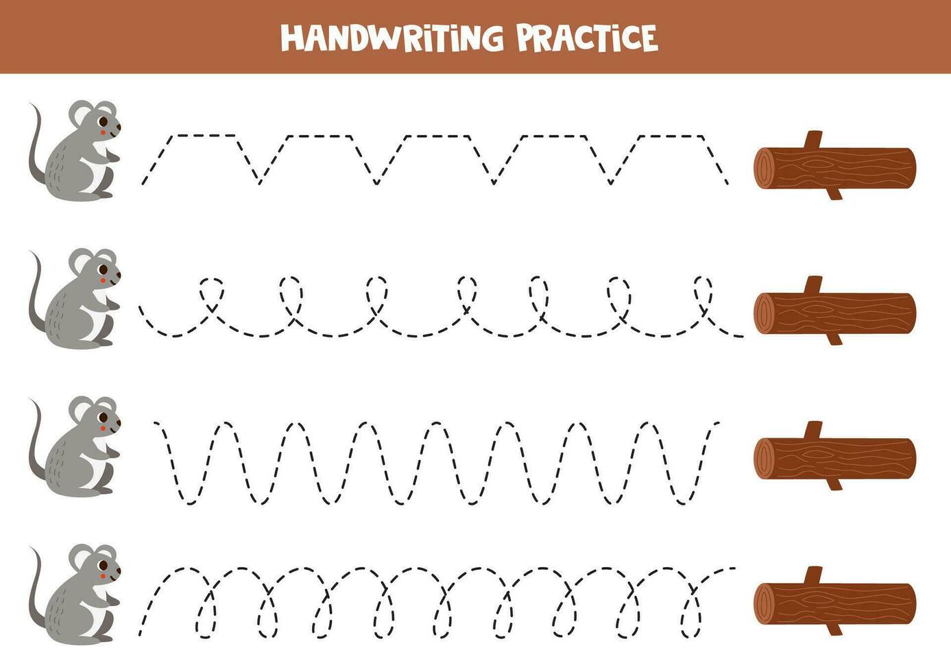 Tracing lines for kids. Cute cartoon mouse and tree log. Handwriting practice. vector