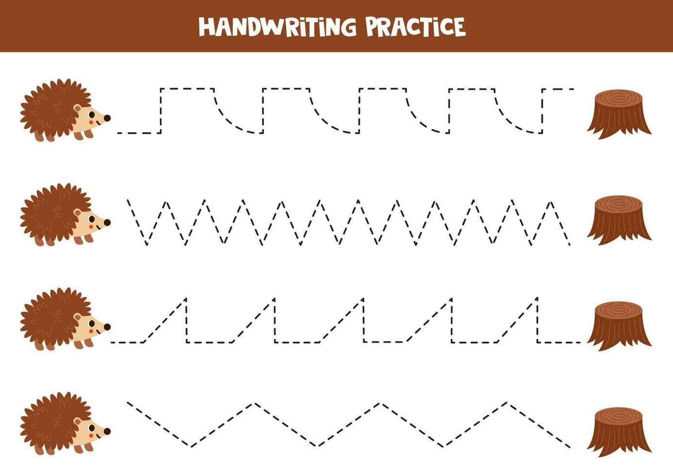 Tracing lines for kids. Cute cartoon hedgehog and tree stump. Handwriting practice. vector