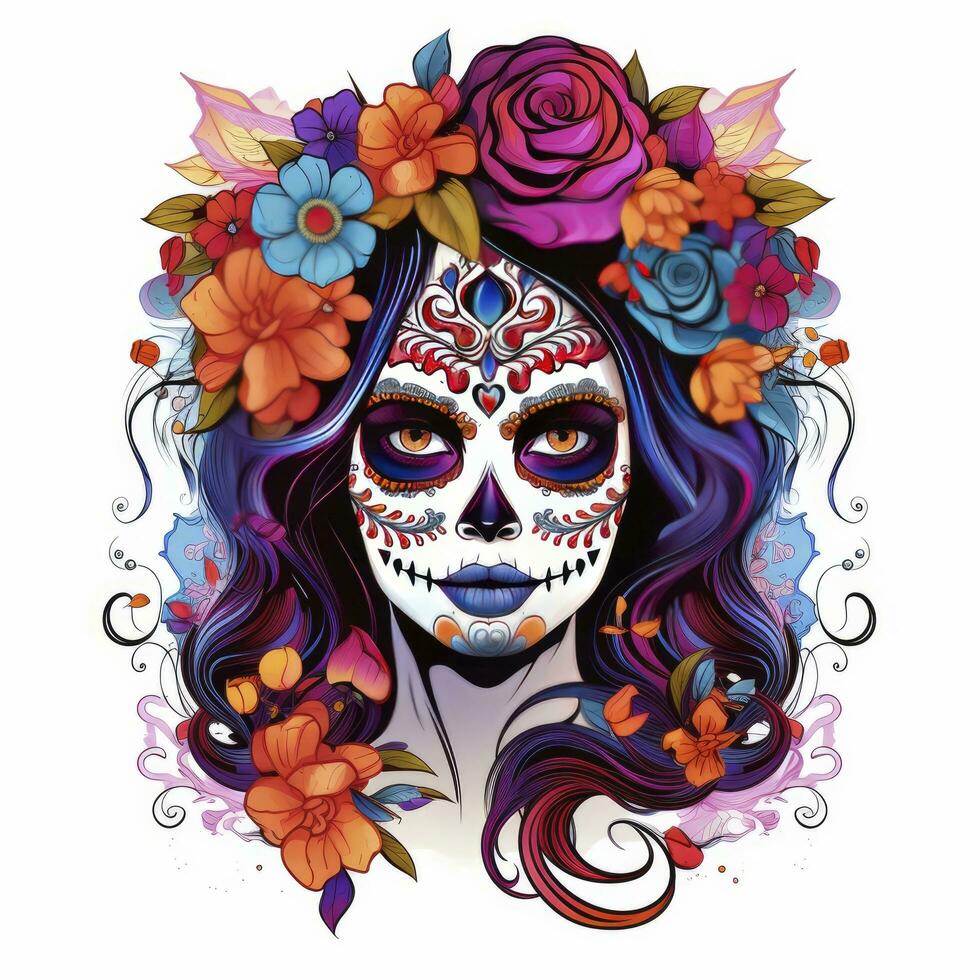 AI generated Woman sugar skull with beautiful colored flowers on white background. AI Generated photo