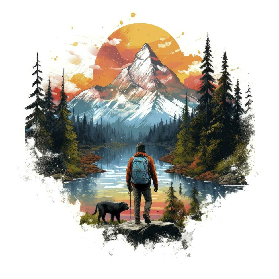 AI generated Vibrant colors wilderness hiking scene for t-shirt. AI Generated photo