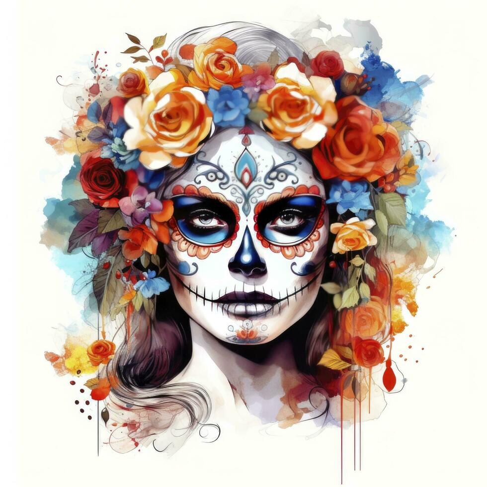AI generated Woman sugar skull with beautiful colored flowers on white background. AI Generated photo