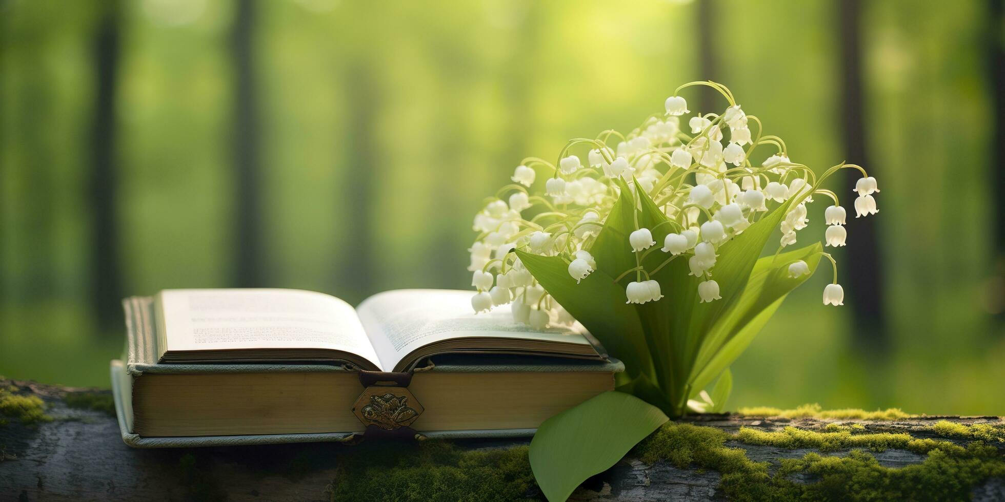 AI generated Lily of the Valley flowers and old books in the forest, green natural background. AI Generated photo