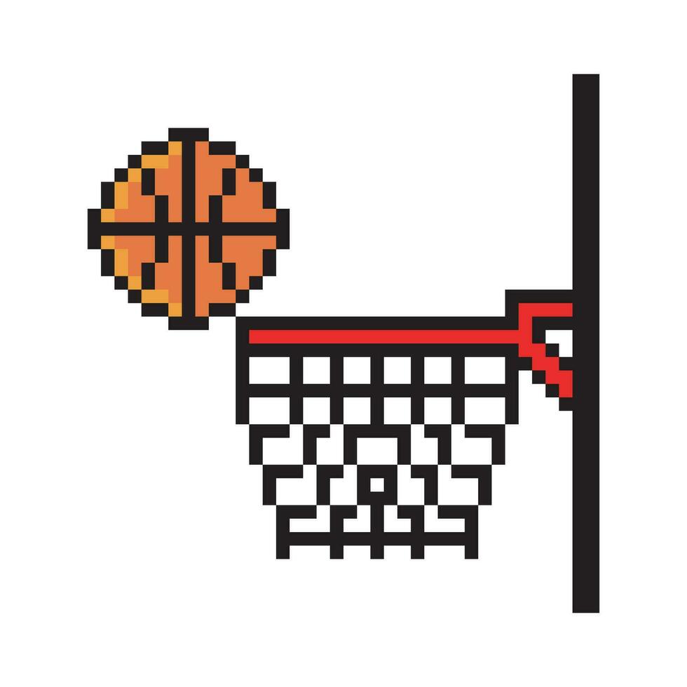 Basketball will go into hoop with pixel art design vector