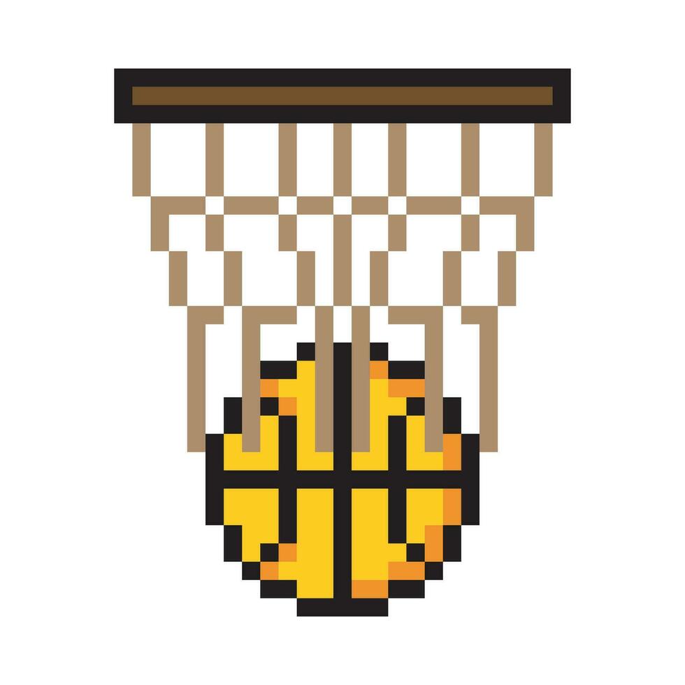 Basketball will go into hoop with pixel art design vector