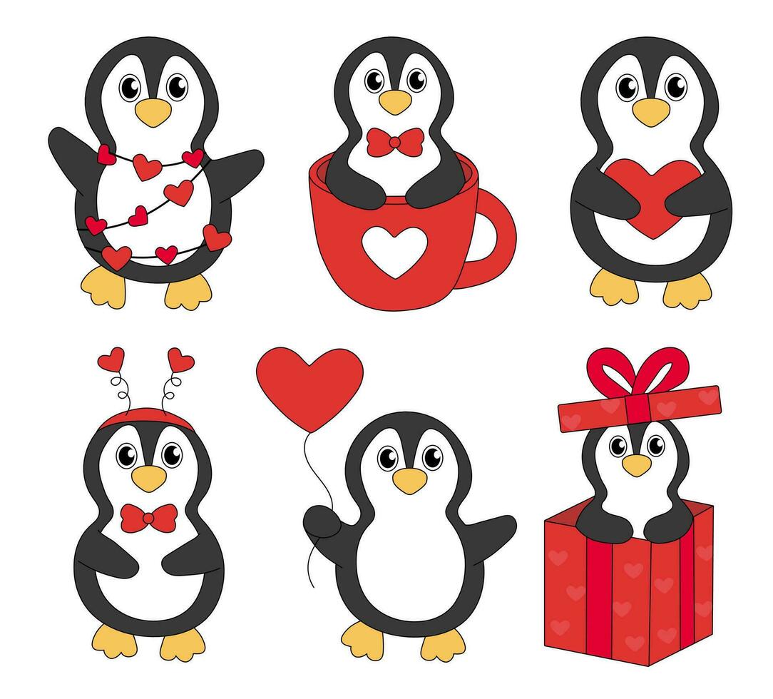 Set of cartoon Valentine day Penguin characters. Cute Penguins in cup and in gift box, garland, Headband and with heart balloon. Vector flat illustration.