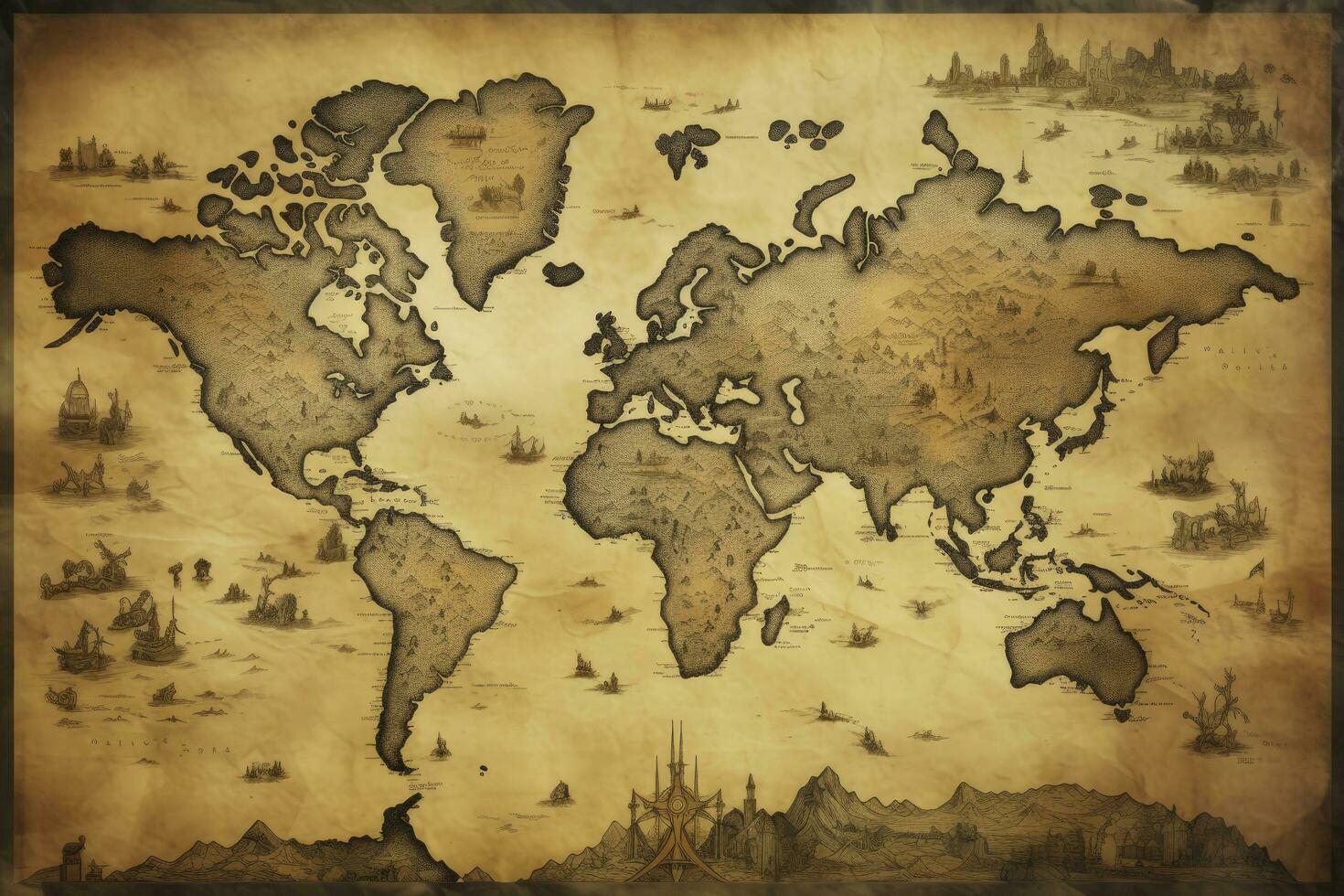 AI generated Great detailed illustration of the world map in vintage style. AI Generated photo