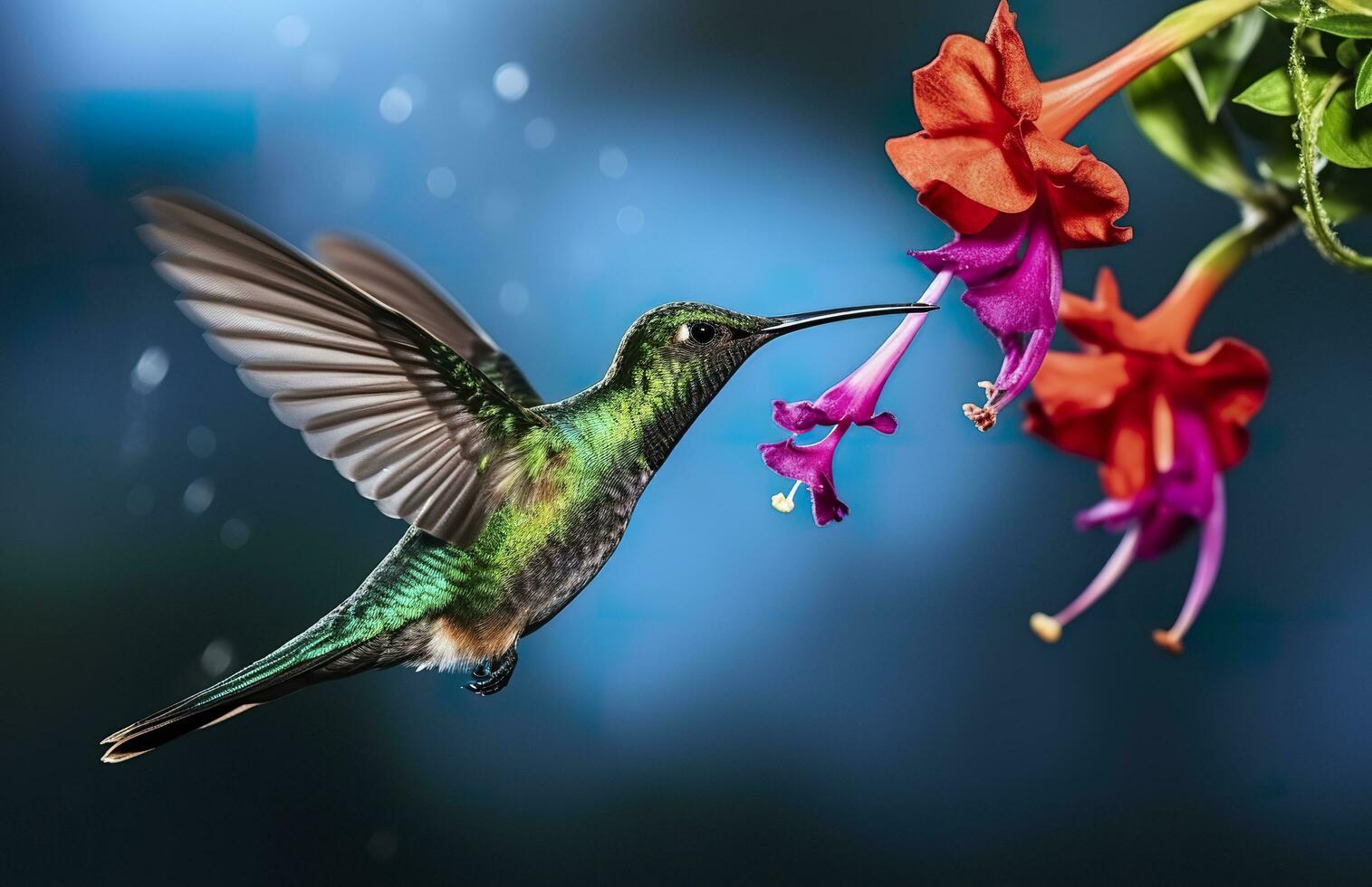 AI generated Hummingbird bird flying next to a beautiful red flower with rain. AI Generated photo