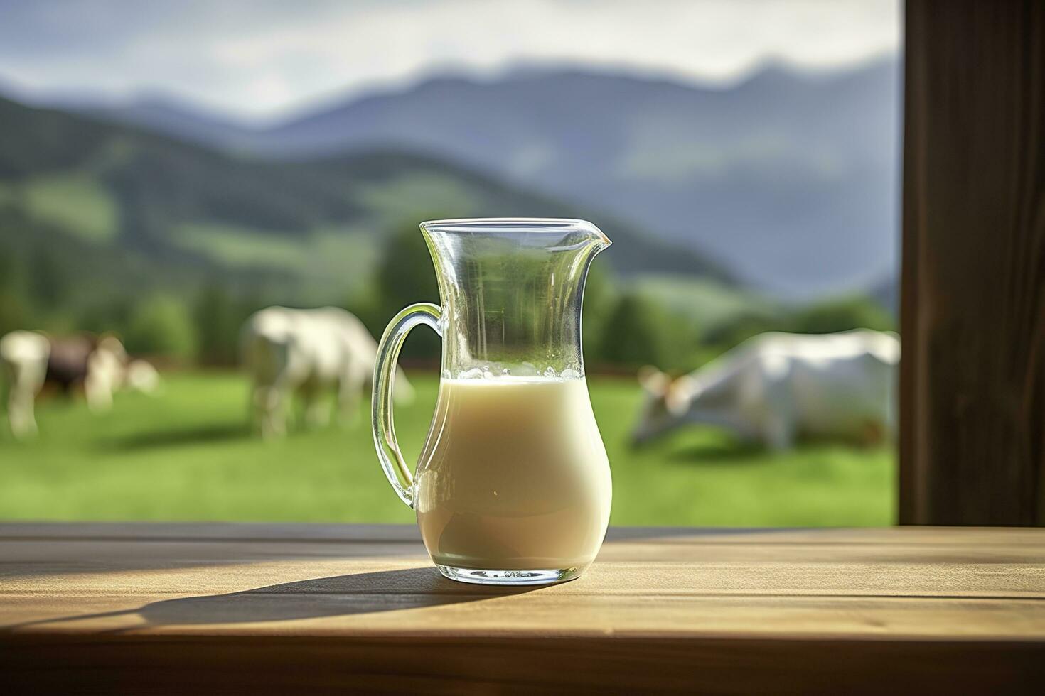 AI generated Glass pitcher with fresh milk on a wooden table. AI Generated photo