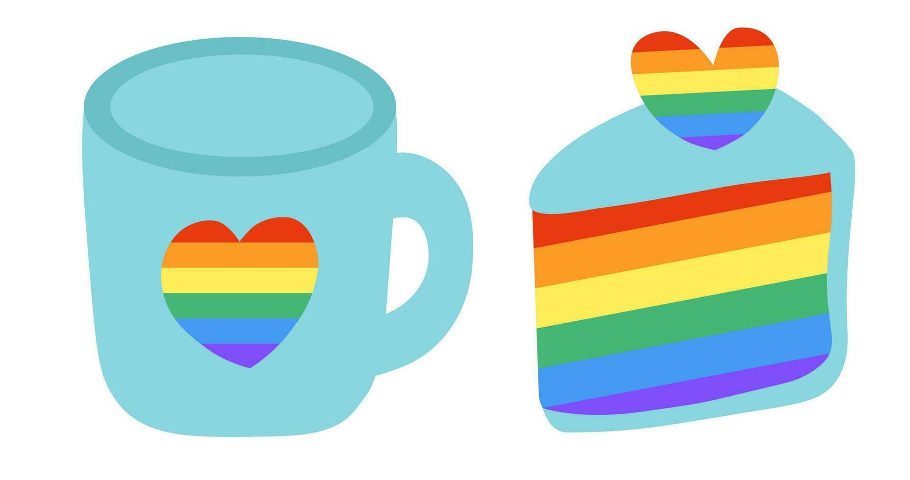 Cute LGBT Cup and Cake isolated on white background. LGBTQ. Symbol of the LGBT pride community. Rainbow. Flat vector illustration.