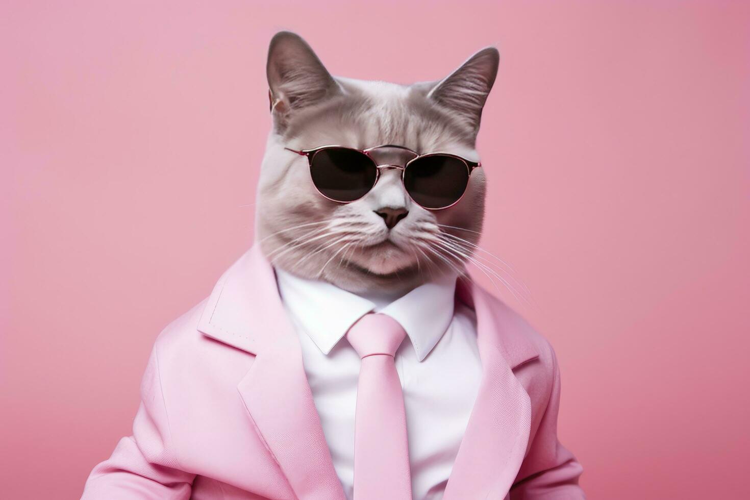 AI generated A cat is wearing sunglasses and suit on Pink Background. AI Generated photo