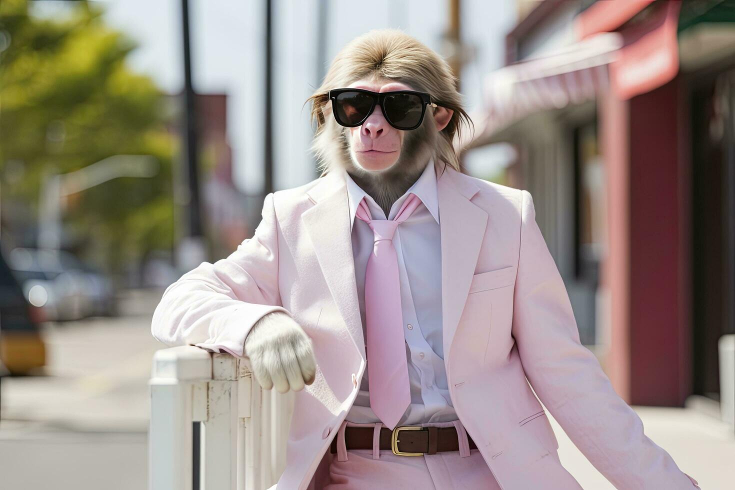 AI generated A Monkey is wearing sunglasses, suit and standing on street. AI Generated photo