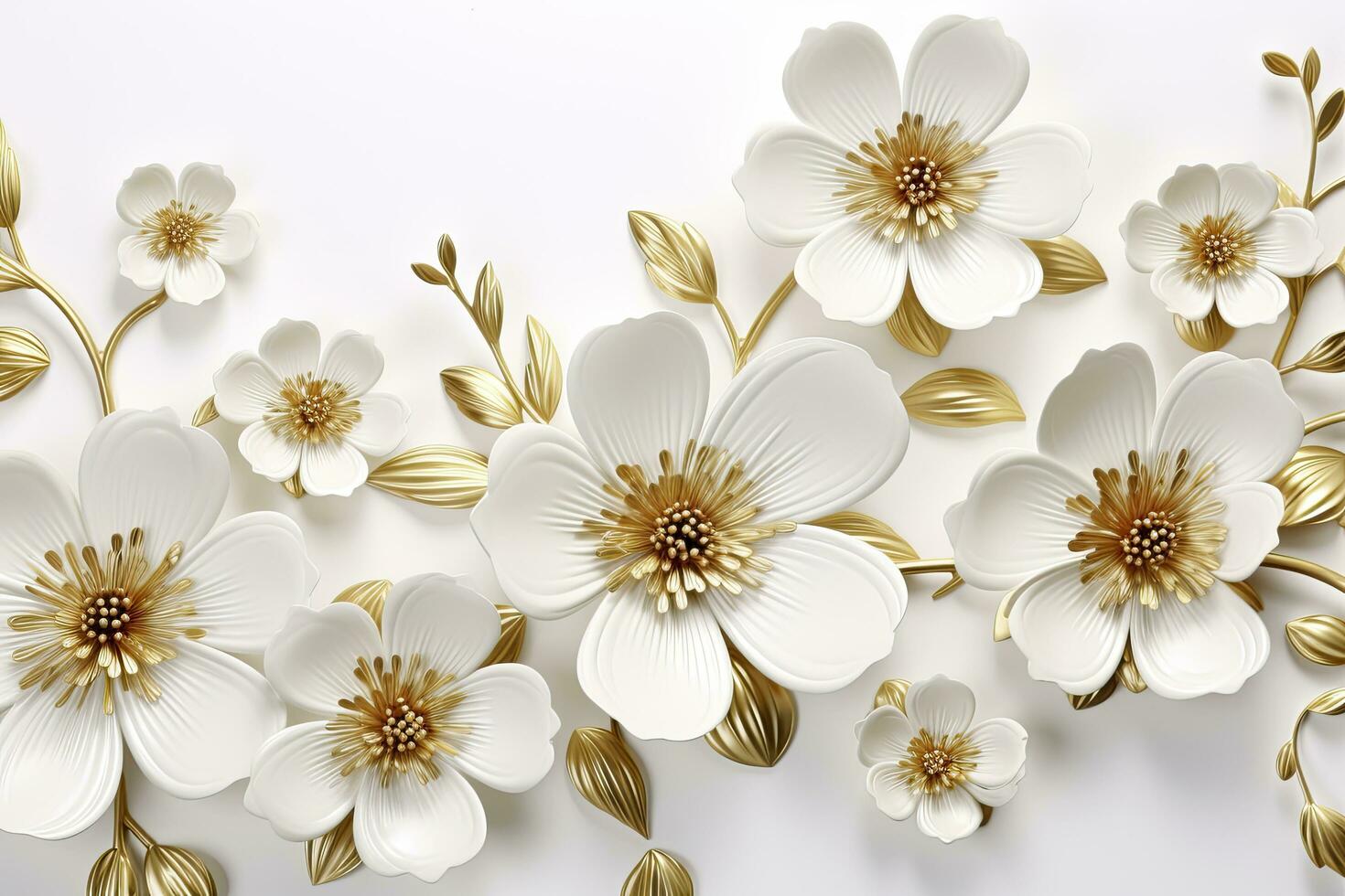 AI generated 3d gold flowers white backgroung. AI Generated photo