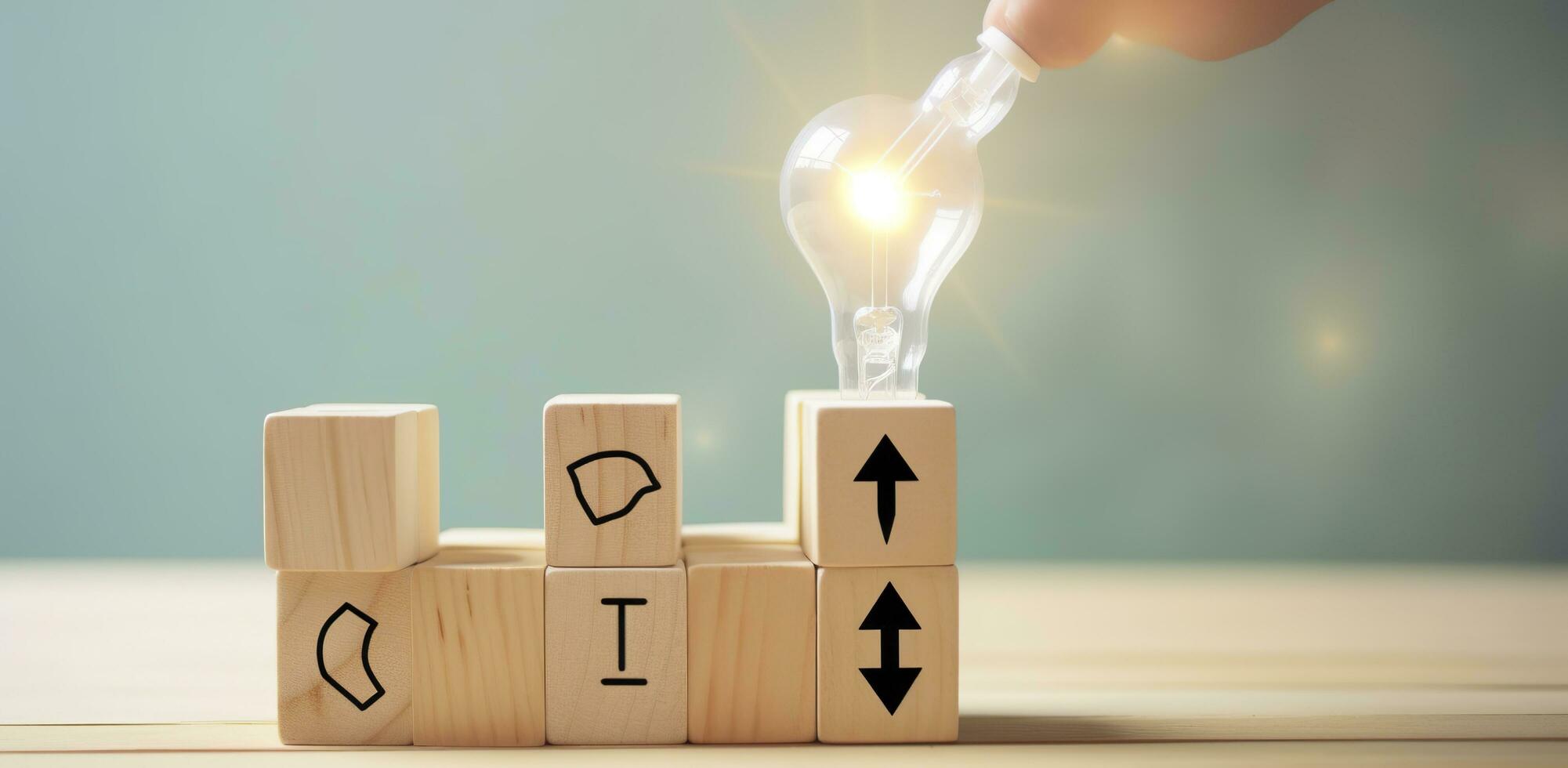 AI generated Creative idea, solution and innovation concept. Idea generation for business development. Wooden cube blocks with light bulb and cycle icons on clean background and copy space. photo